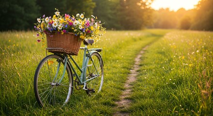 Fototapeta premium A vintage bicycle with a woven basket full of colorful wildflowers, parked on a sunlit countryside path surrounded by fresh green grass. 