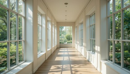 Fototapeta premium Bright and Airy Corridor with Large Windows and Natural Light