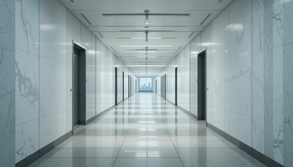 Modern Office Corridor with Marble Walls and View of Cityscape