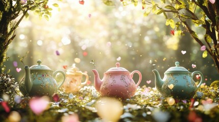 Enchanted forest tea party with pastel teapots, floating petals, and soft golden sunlight filtering through trees