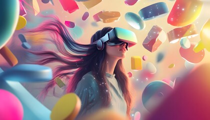 Woman Experiencing Virtual Reality Immersive Colorful World
