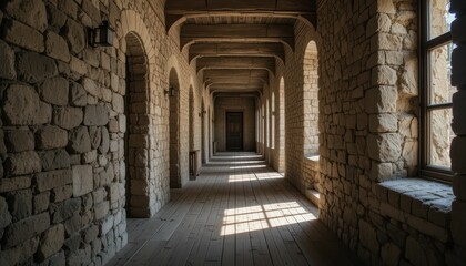 Fototapeta premium Serene Stone Corridor with Natural Light and Wooden Flooring