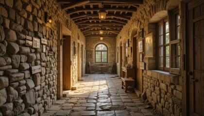 Tranquil Stone Hallway with Natural Light in Rustic Architecture