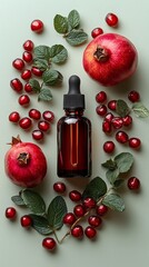 facial serum with pomegranates and eucalyptus for a fresh and revitalizing look. product photography