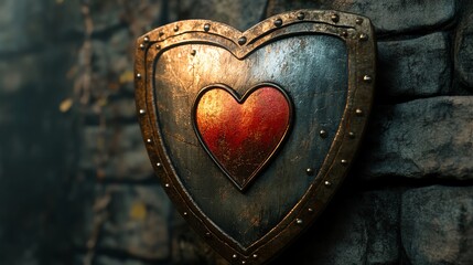 Naklejka premium A metallic heart-shaped shield mounted on a stone wall, symbolizing love and protection with a rustic aesthetic.