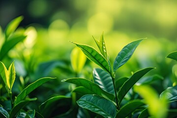 Obraz premium Close-up of fresh tea leaves in a garden, with focus on the green leaves and the blurred background of lush nature and natural surroundings. Tea plantation in Kottayam, Kerala, India.