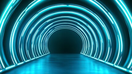 Futuristic Neon Tunnel with Circular Light Patterns and Reflection