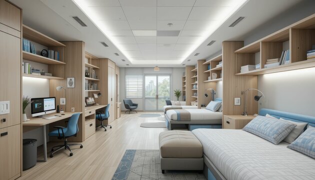 Modern Student Dorm Room with Natural Light and Study Areas