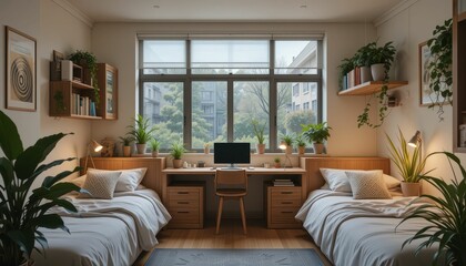 Cozy Minimalist Bedroom with Plants and Computer Workspace Design