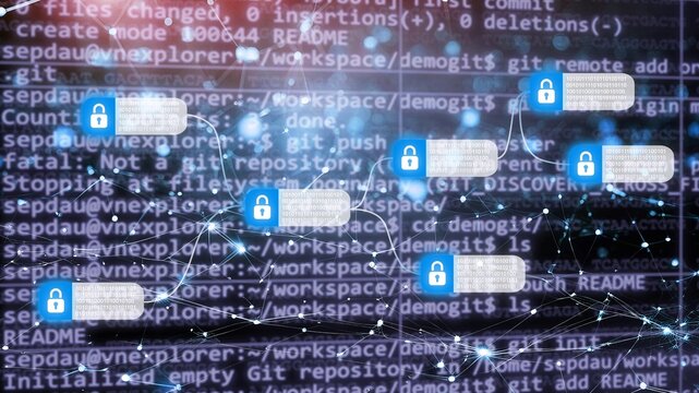 A glowing abstract digital lock and binary code