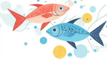 Two stylized fish, one red and one blue, swim among colorful bubbles in a whimsical aquatic scene.