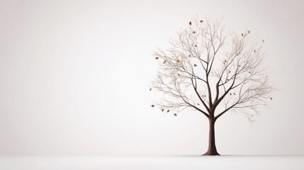 Obraz premium A bare, leafless tree stands alone against a stark white background, a few brown leaves falling.