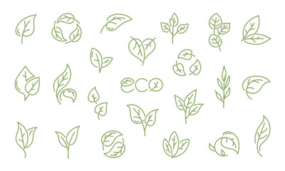 Set of hand drawn linear doodle icons leaves and greenery. Concept of sustainable development, care for the environment, ecology. Vector illustration.