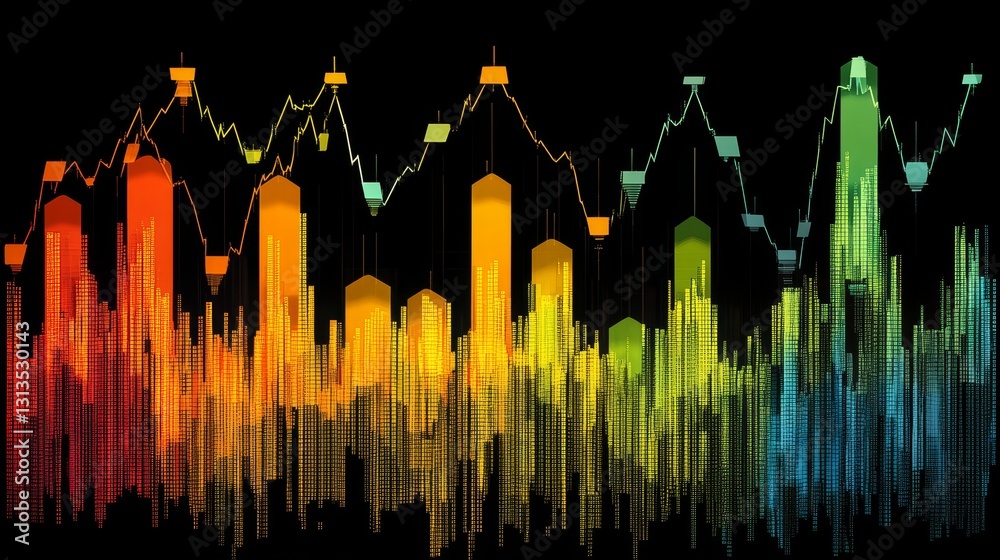 Poster colorful data visualization with vibrant bars and dynamic line chart on dark backdrop for informatio
