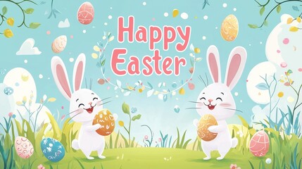 A whimsical Easter illustration with cartoon bunnies hopping around, carrying Easter eggs, and "Happy Easter" written in a bubbly, cheerful font.