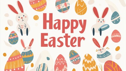 A modern, flat-design Easter graphic with stylized bunnies, eggs, and "Happy Easter" in a bold, geometric font. 