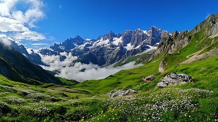 Fototapeta premium Alpine Meadow in Summer: Sun-Drenched Mountain Valley Landscape Photography AI Generated