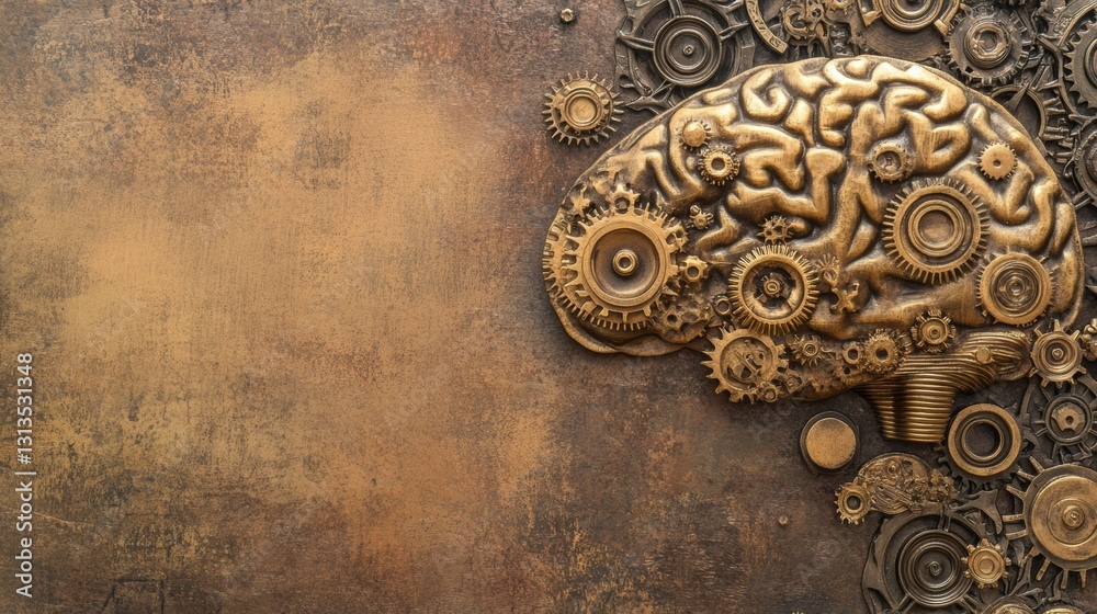 Poster Intricate steampunk brain design featuring gears and cogs with metallic tones in gold and bronze colors Generative AI
