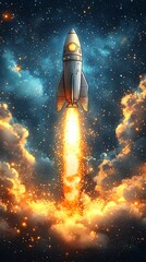 Obraz premium Rocket launching through cosmic clouds