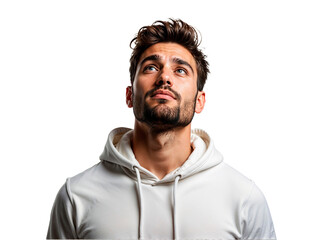 Obraz premium Young man looking up thoughtfully, against a transparent PNG background