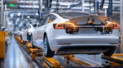 Fototapeta premium A high-tech automotive assembly line producing electric vehicles