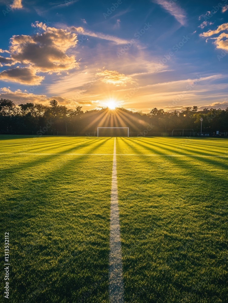 Poster majestic sunrise over a soccer field casting golden shadows and highlighting goalposts at perfect pl