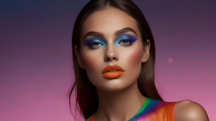Fototapeta premium Fashion model brunette woman in colorful bright neon lights posing in studio. Beautiful sexy girl, trendy glowing makeup, metallic silver and pink lips 