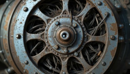 Obraz premium Detailed Close-Up of Vintage Mechanical Wheel with Rusty Finish