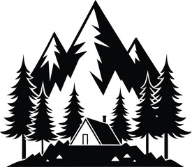 Obraz premium Black silhouette of mountains and fir trees, Vector Icon