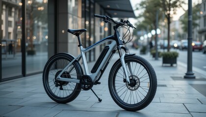Modern Electric Bicycle Parked on Urban Street with Cityscape