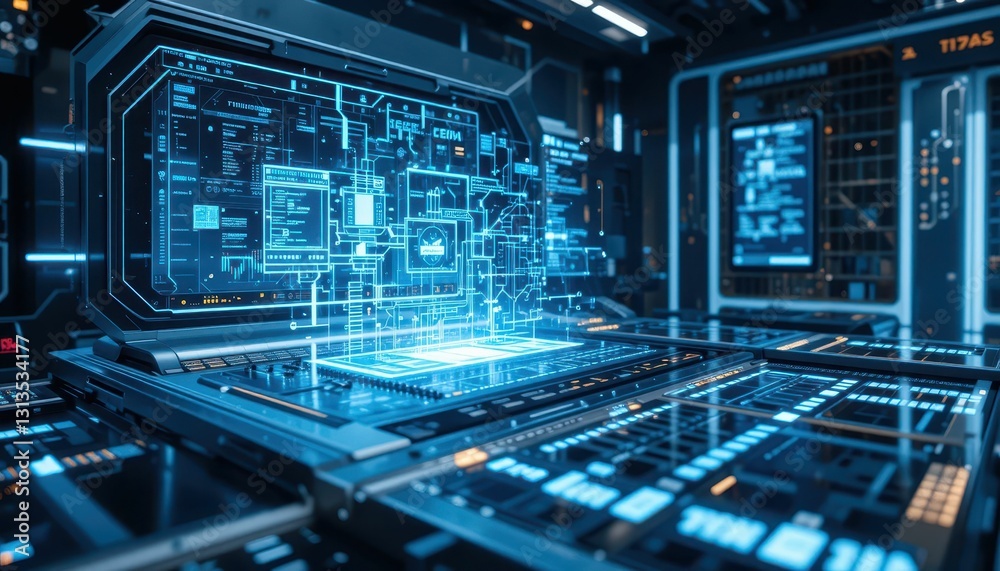 Poster futuristic technology interface with digital circuitry and data flow