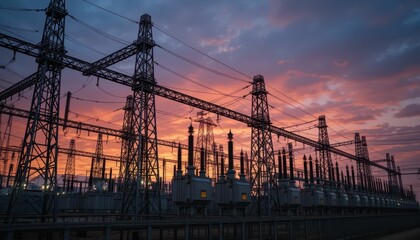 Electric Power Station at Sunset with Dramatic Sky Colors