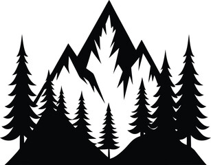 Obraz premium Black silhouette of mountains and fir trees, Vector Icon