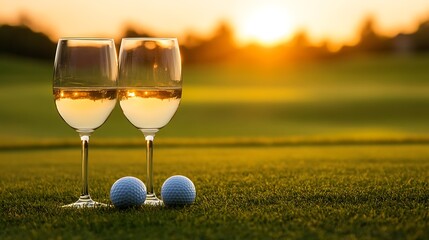 Two wine glasses and golf balls on a golf course at sunset