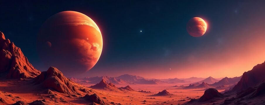 Artistic illustration of Mars and its moon Deimos against starry sky, surreal, galaxy