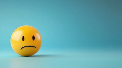 Fototapeta premium A single, unhappy, yellow emoticon on a light blue background.
