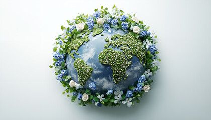Fototapeta premium beautiful arrangement of flowers forming the shape of planet Earth, with green flowers representing the continents and blue flowers representing the oceans