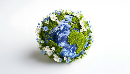 Fototapeta premium beautiful arrangement of flowers forming the shape of planet Earth, with green flowers representing the continents and blue flowers representing the oceans