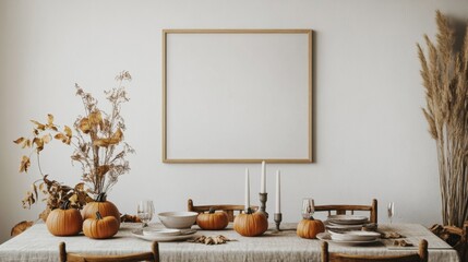 Scandinavian-style dining area with cozy autumn vibes, pumpkins, and blank framed wall