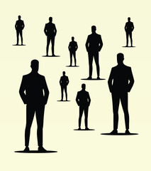 Silhouettes of diverse casual business people standing, walking, men, women full length. Business concept. Black monochrome Vector illustrations isolated on white background.