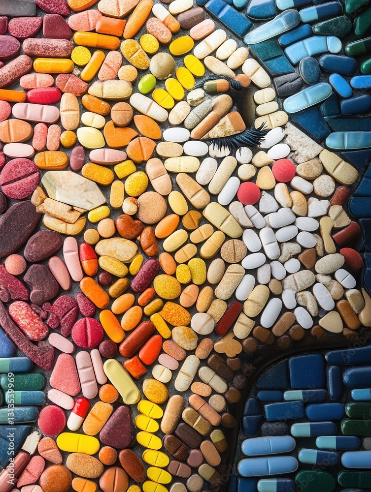 Aufkleber intricate mosaic artwork made of colorful pills creating a detailed human silhouette with artistic c