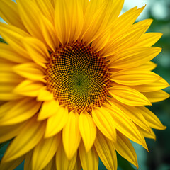 Obraz premium Extreme macro shot of a bright sunflower center, revealing the intricate spiraling Fibonacci pattern of seeds in high detail. A stunning display of nature’s geometry and symmetry in vibrant colors