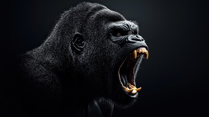 Fierce gorilla roaring against a dark background.