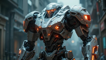 Fototapeta premium Futuristic Robot in Urban Setting with Glowing Lights and Details