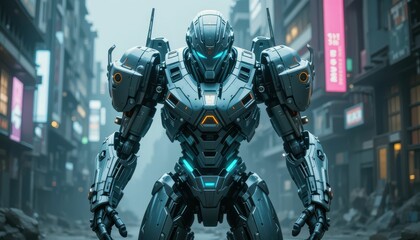 Futuristic Robot in Urban Environment with Neon Lights and Ruins
