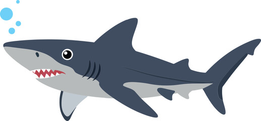 Fototapeta premium A cartoon shark swimming gracefully in the ocean, showcasing a flat design style with vibrant colors and playful expression, vector illustration