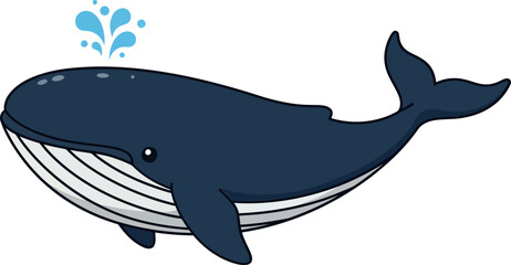 A playful blue whale swimming gracefully in the ocean, showcasing a flat design style with cheerful splashes, perfect for vibrant vector art