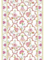 Floral horizontal pattern with scalloped design. Watercolor damask ornament. Hand painted Indian textile, background, wallpaper.