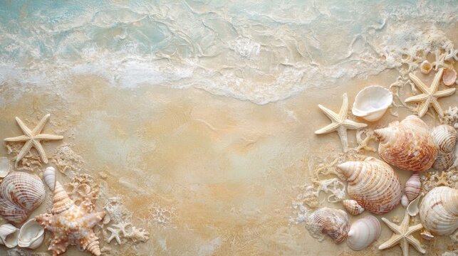Soft pastel seashells and delicate starfish arranged on a sandy beach with gentle lighting, creating a dreamy coastal background