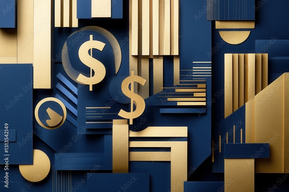 Aufkleber Sophisticated paper art design with geometric shapes representing financial growth in golden and deep blue tones Generative AI